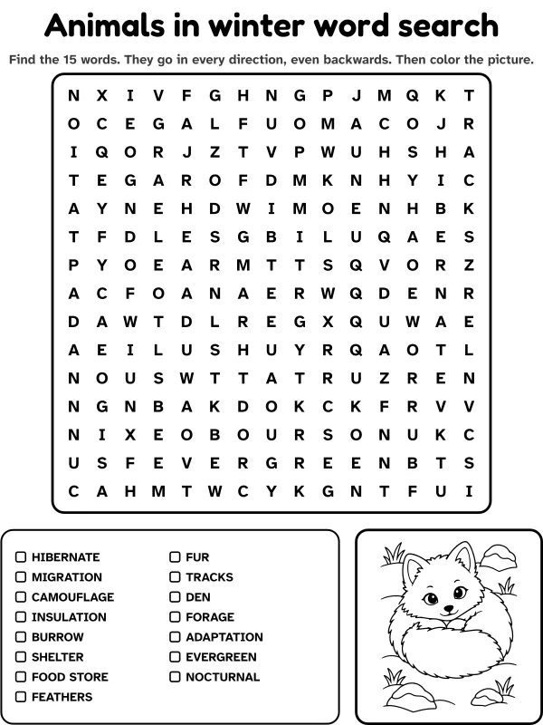 Animals in winter word search with 15 words to find and a picture to color