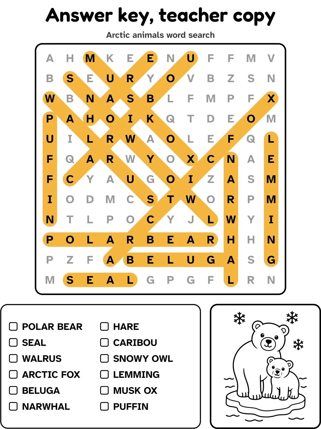 Answer key for the arctic animals word search