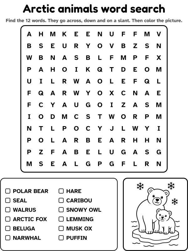 Arctic animals word search with 12 words to find and a picture to color