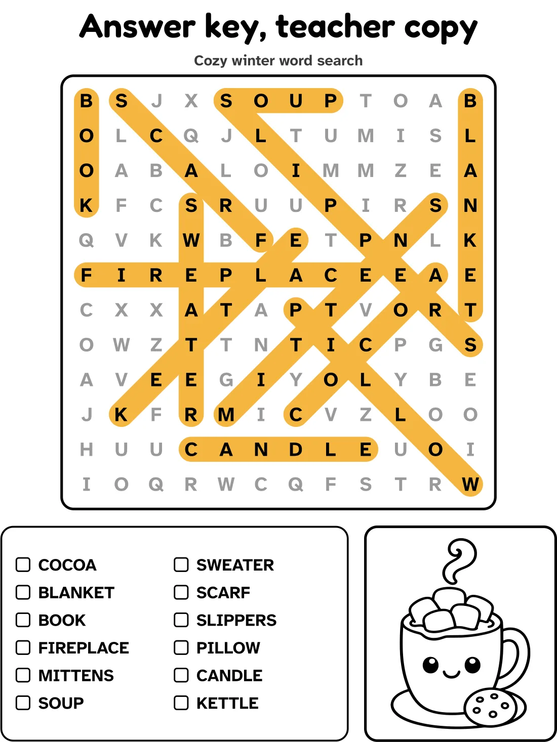 Answer key for the cozy winter word search