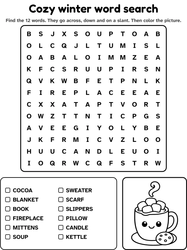 Cozy winter word search with 12 words to find and a picture to color