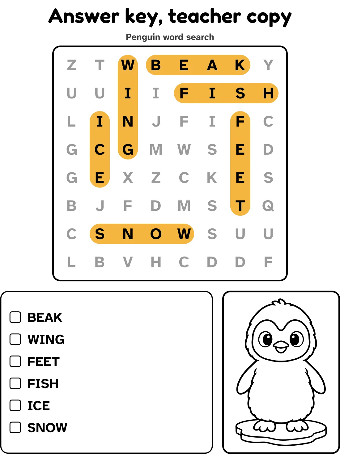 Answer key for the penguin word search