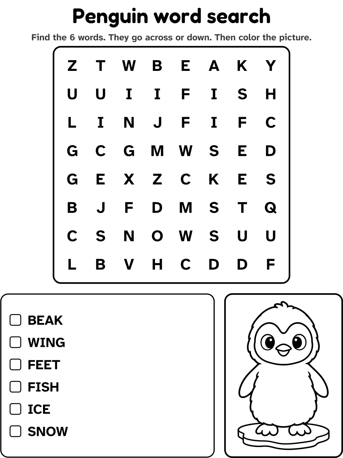 Penguin word search with 6 words to find and a picture to color