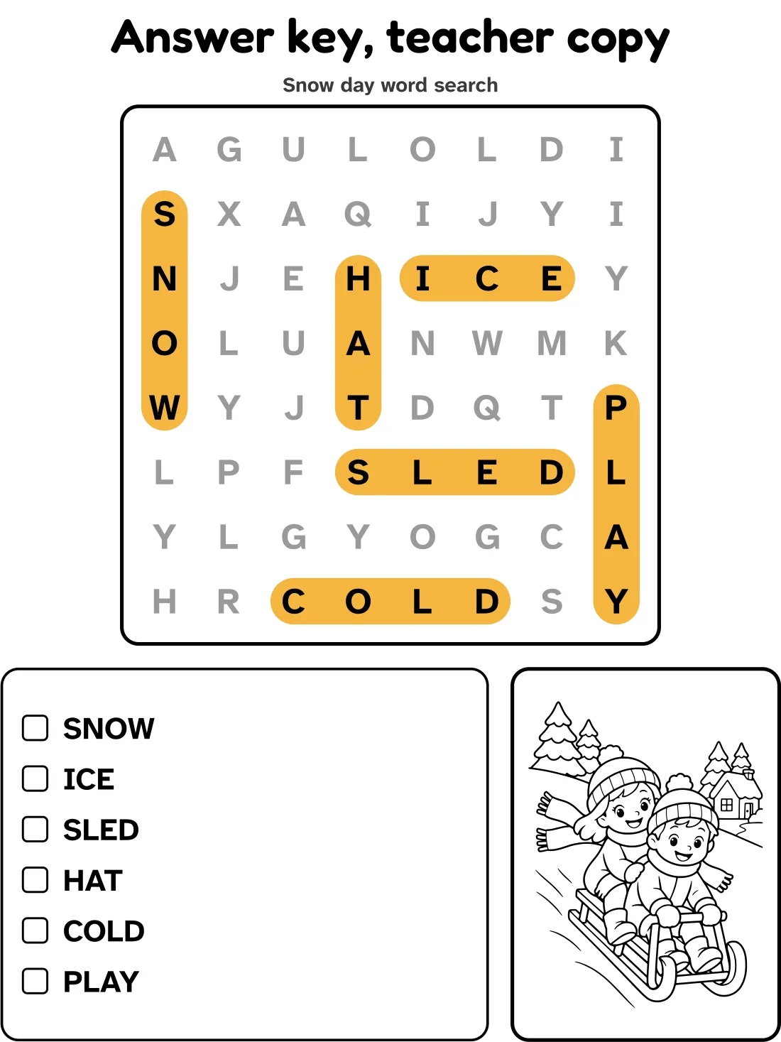 Answer key for the snow day word search