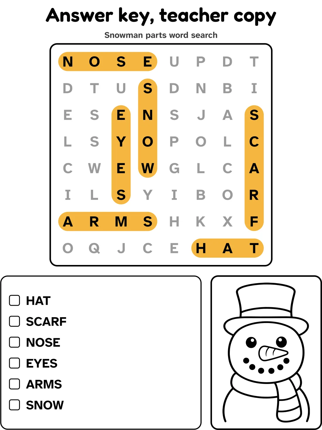 Answer key for the snowman parts word search