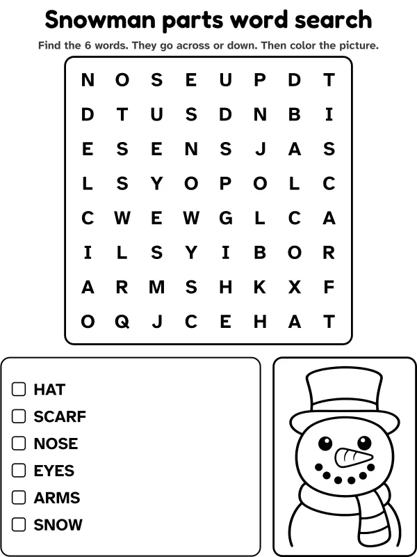 Snowman parts word search with 6 words to find and a picture to color