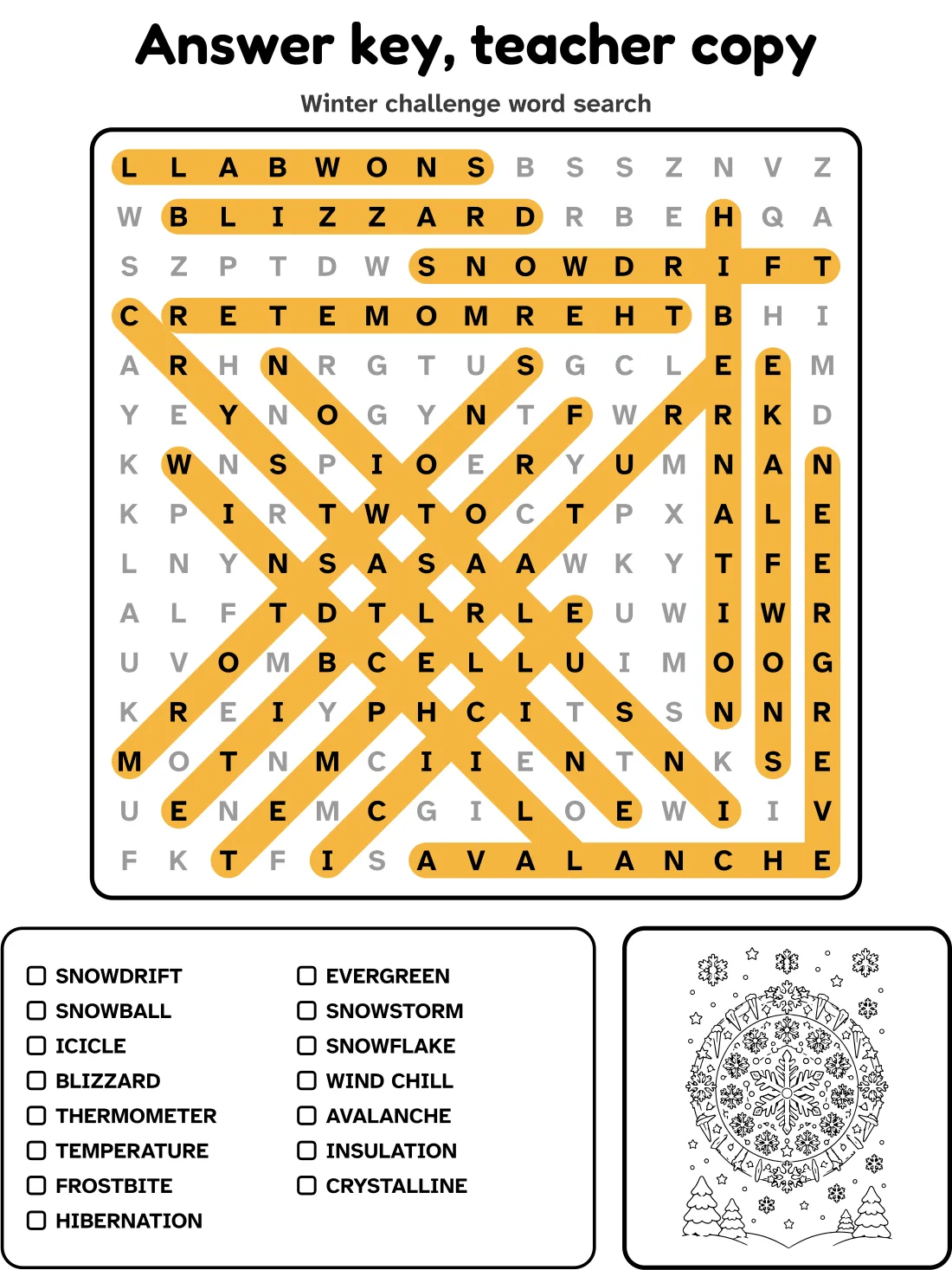 Answer key for the winter challenge word search