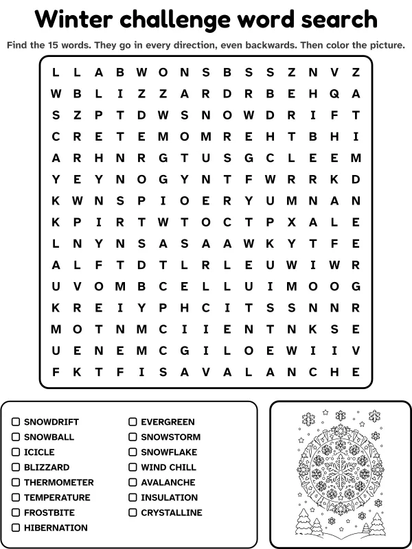 Winter challenge word search with 15 words to find and a picture to color