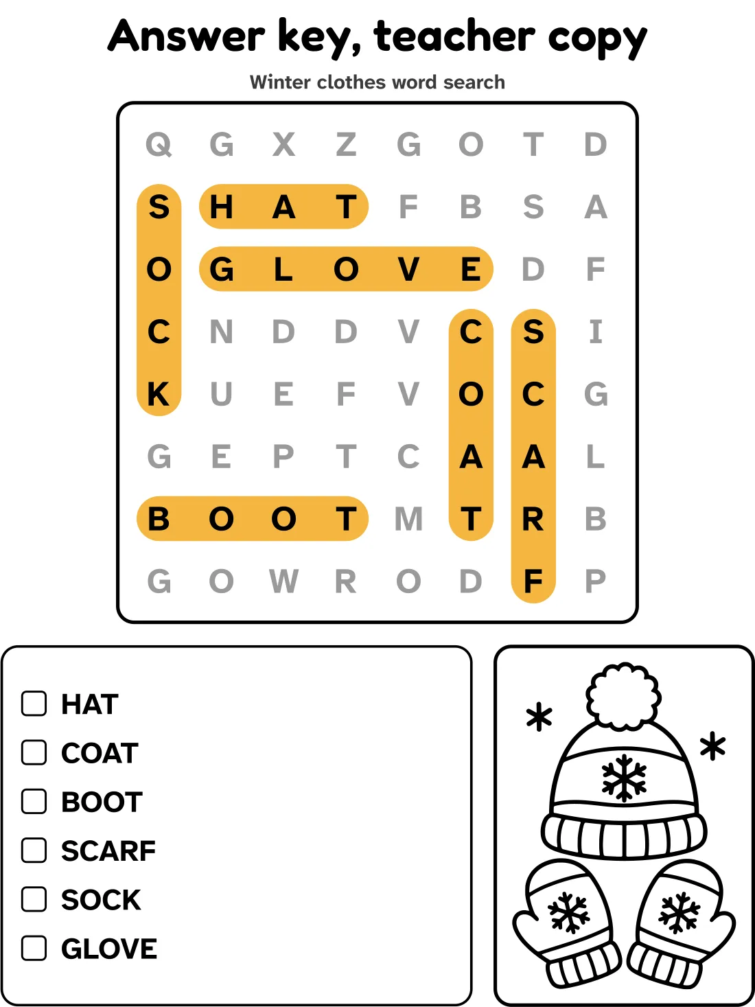 Answer key for the winter clothes word search