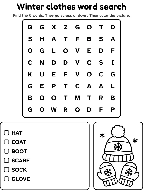 Winter clothes word search
