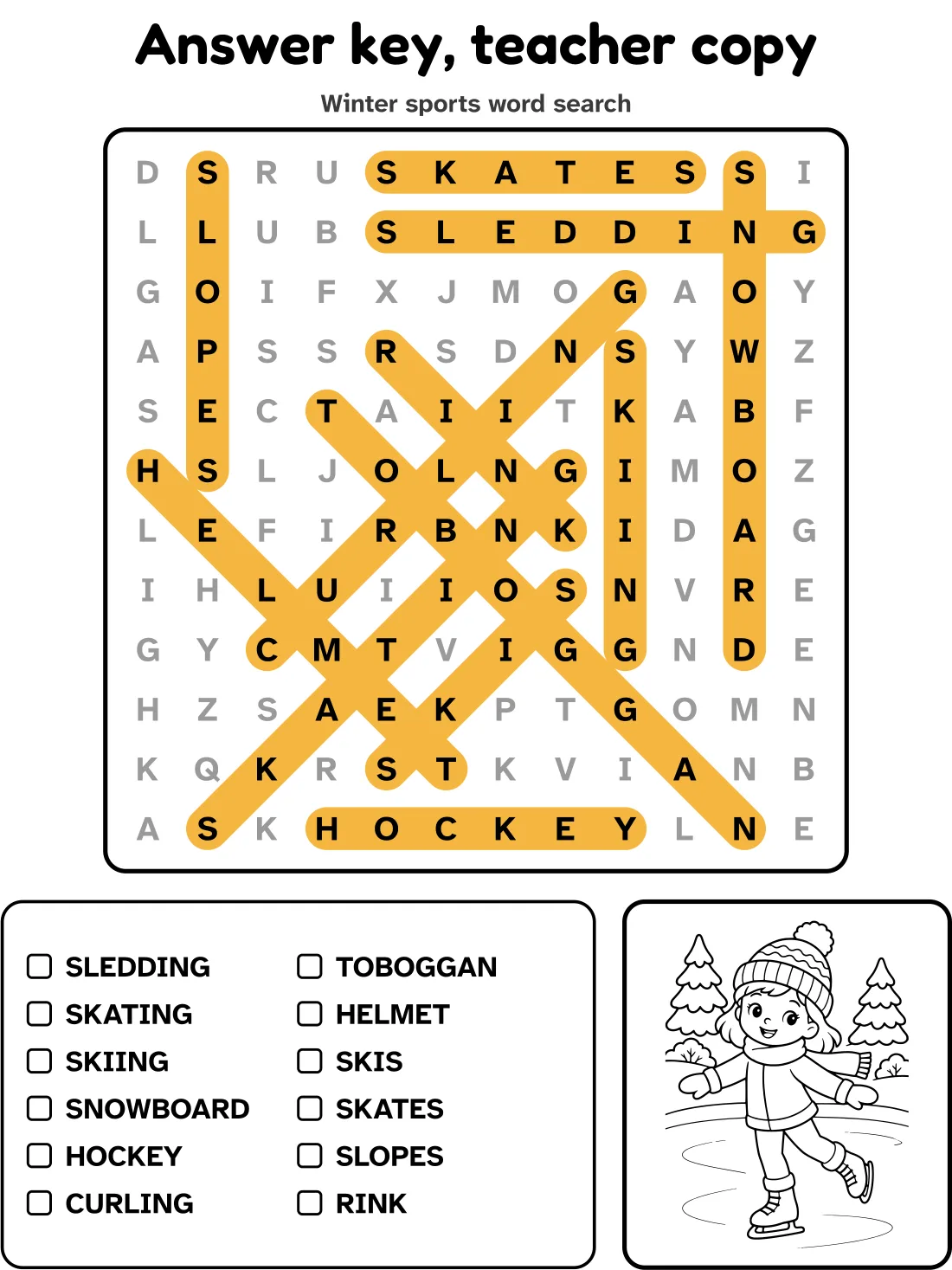 Answer key for the winter sports word search