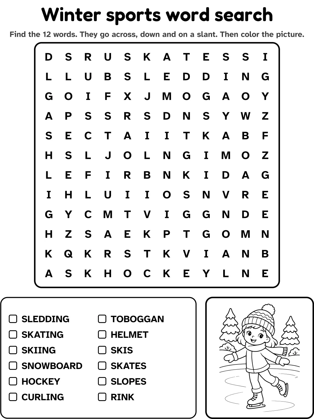 Winter sports word search with 12 words to find and a picture to color