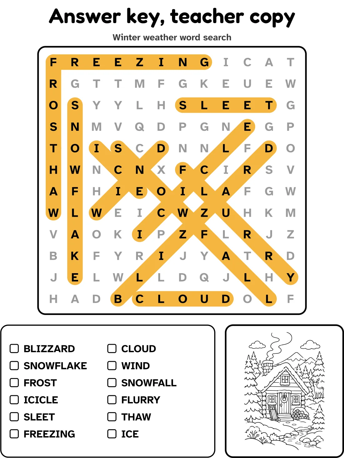 Answer key for the winter weather word search