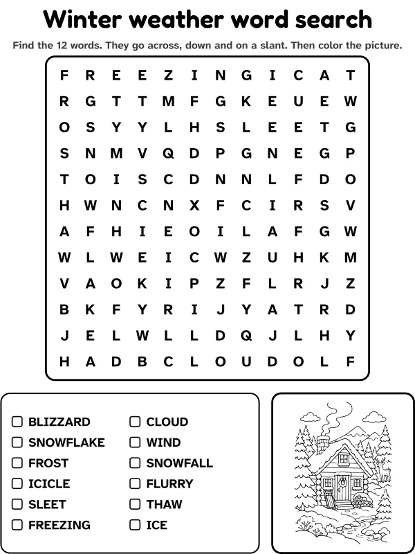 Winter weather word search with 12 words to find and a picture to color