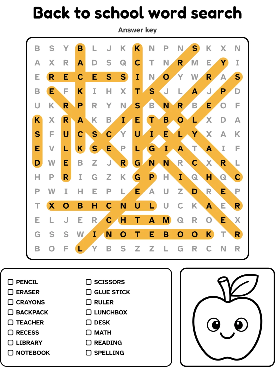 Answer key for the back to school word search