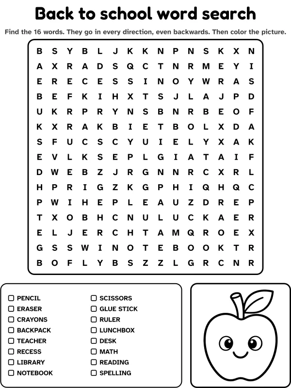 Back to school word search with 16 words to find and a picture to color