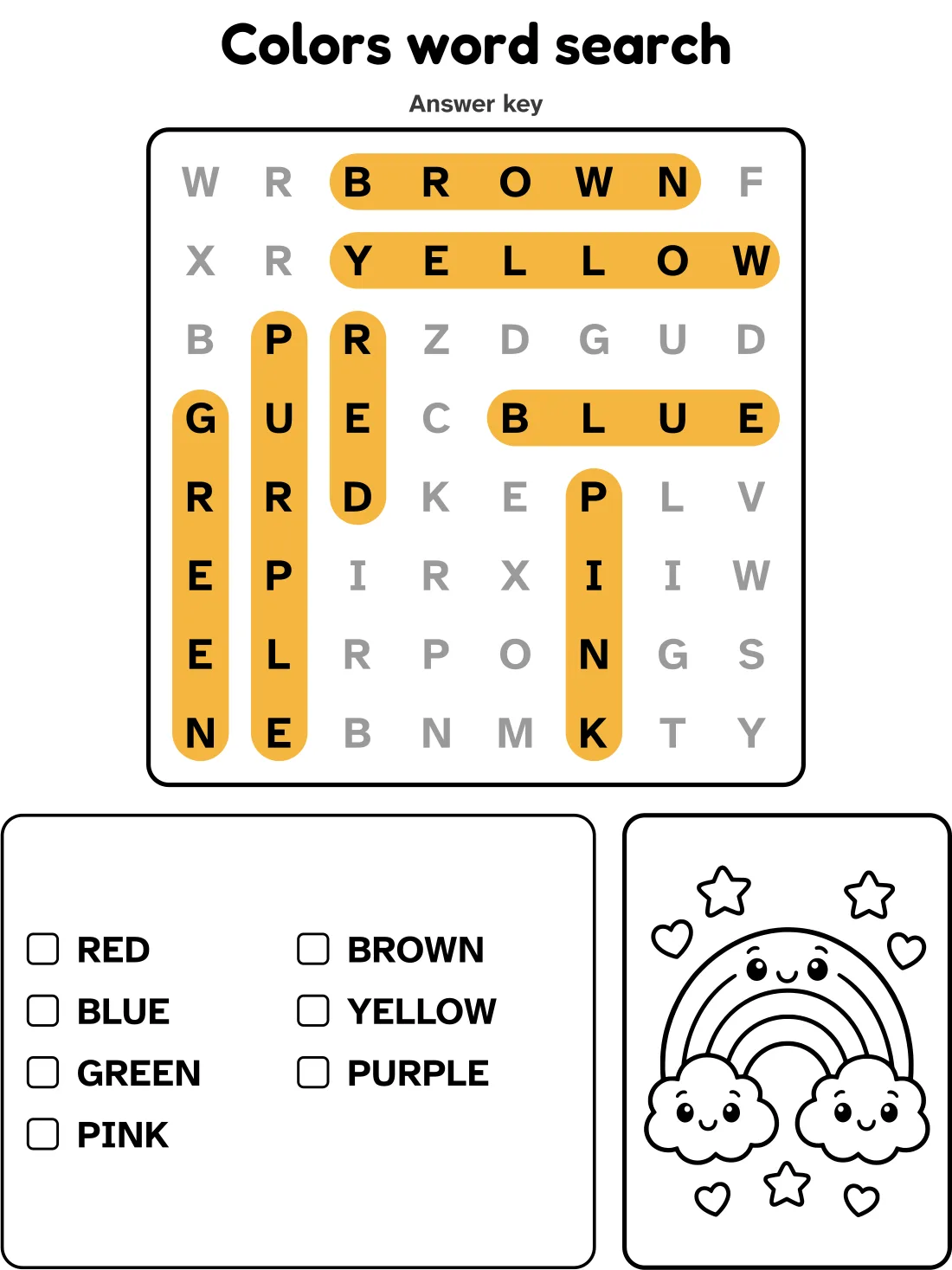 Answer key for the colors word search