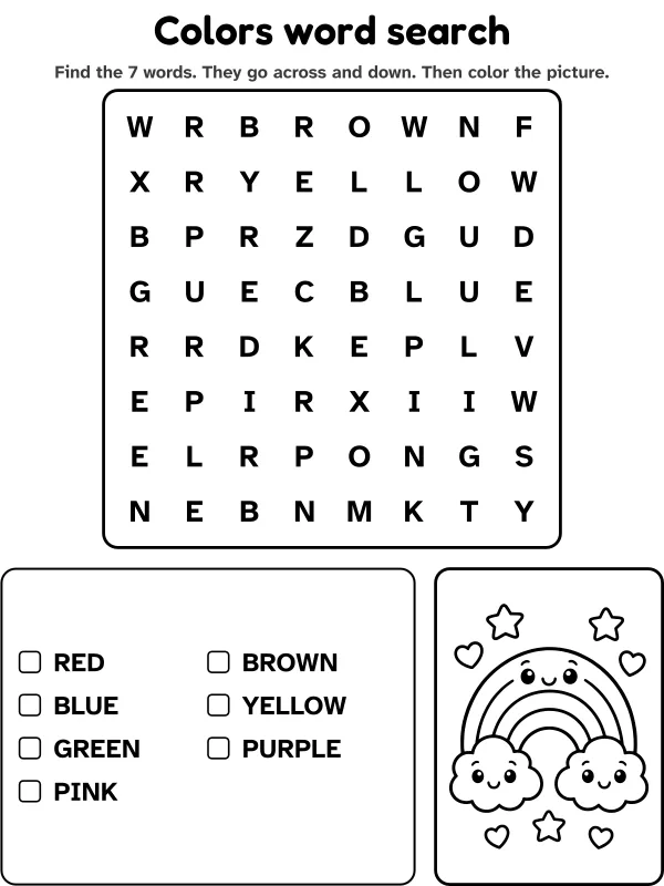 Colors word search with 7 words to find and a picture to color