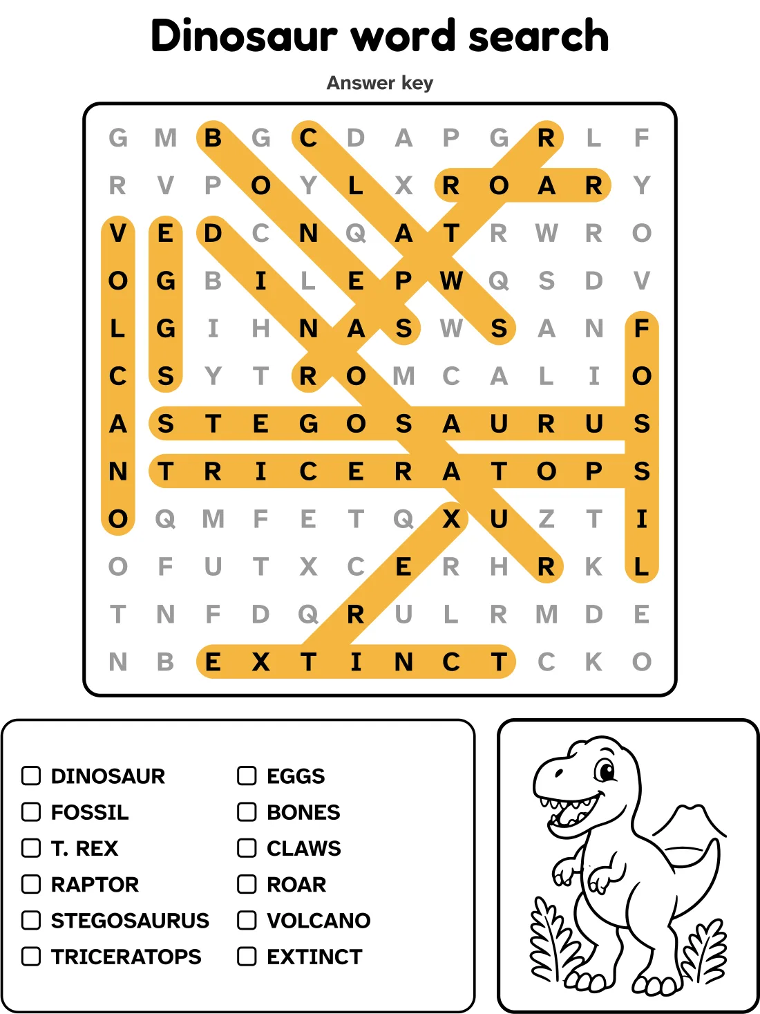 Answer key for the dinosaur word search