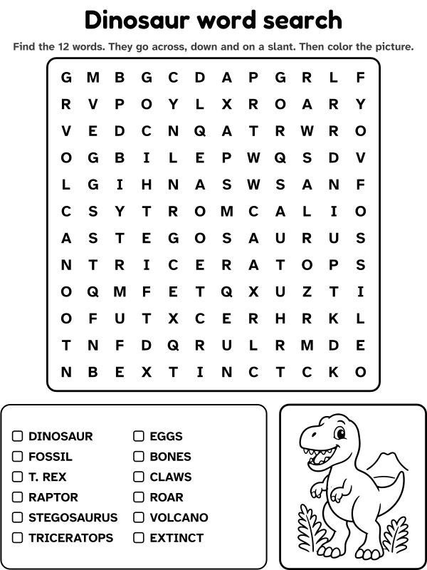 Dinosaur word search with 12 words to find and a picture to color