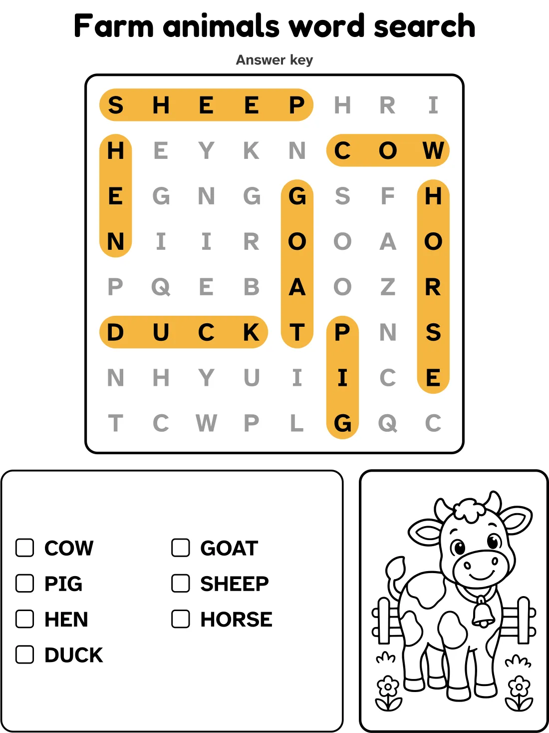 Answer key for the farm animals word search