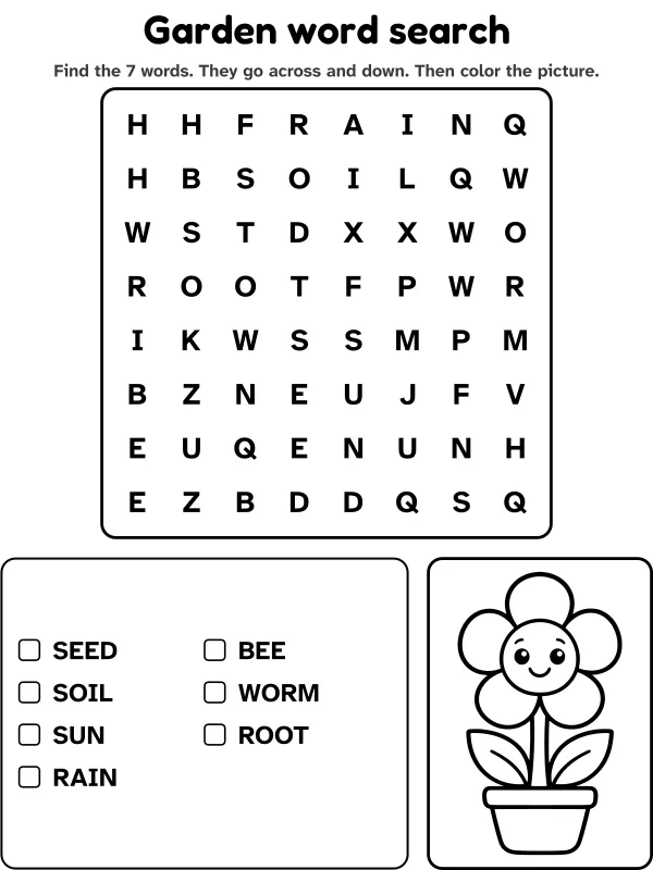 Garden word search with 7 words to find and a picture to color