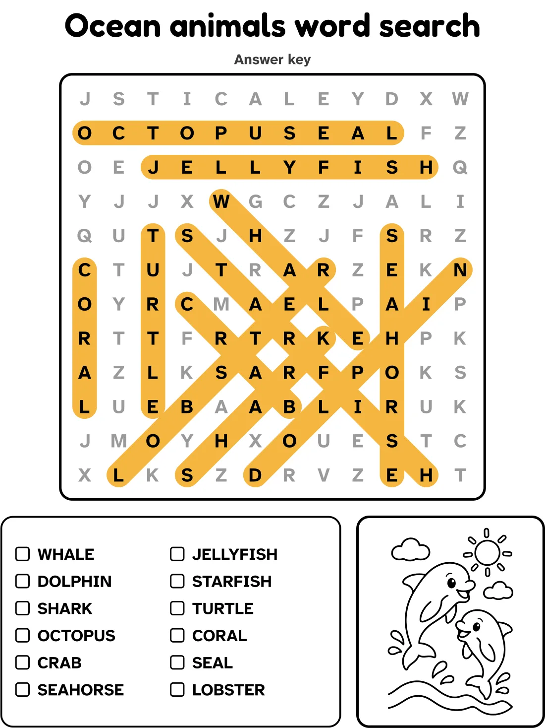 Answer key for the ocean animals word search