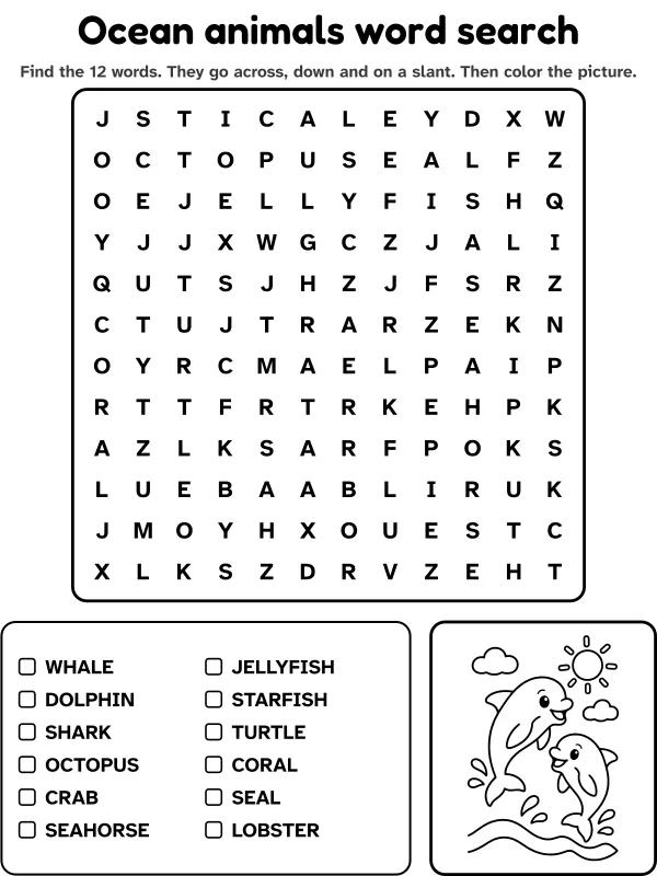 Ocean animals word search with 12 words to find and a picture to color
