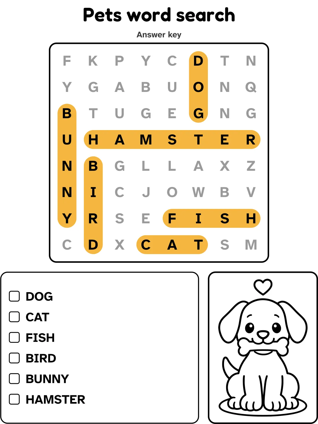 Answer key for the pets word search