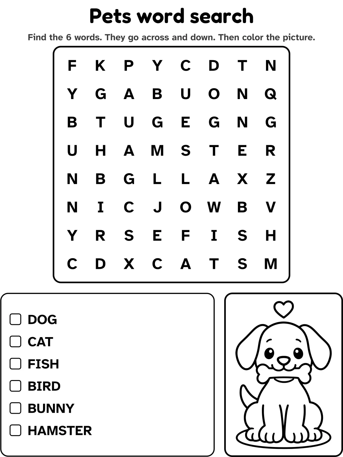 Pets word search with 6 words to find and a picture to color