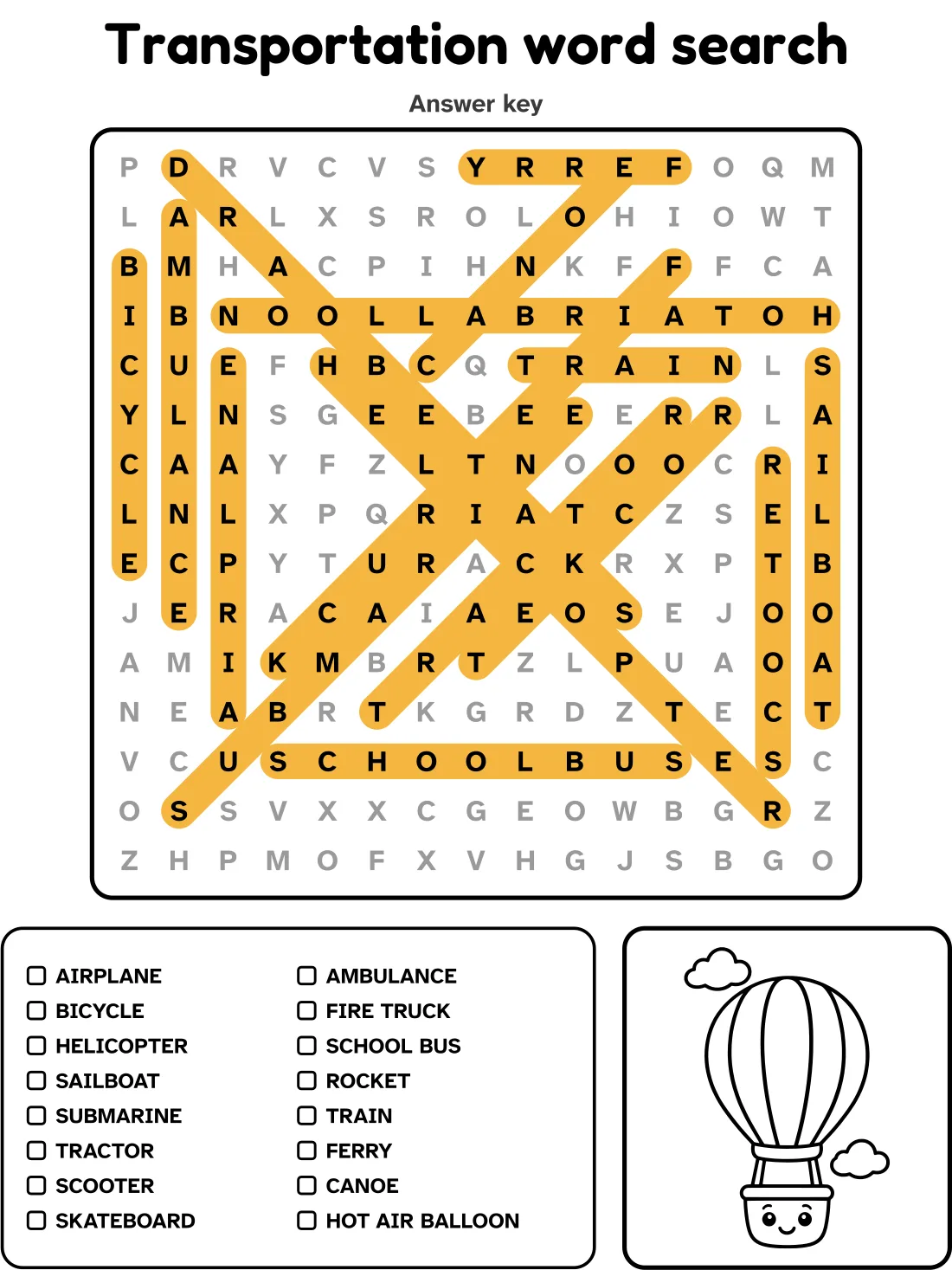 Answer key for the transportation word search