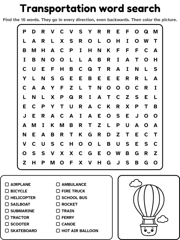 Transportation word search with 16 words to find and a picture to color