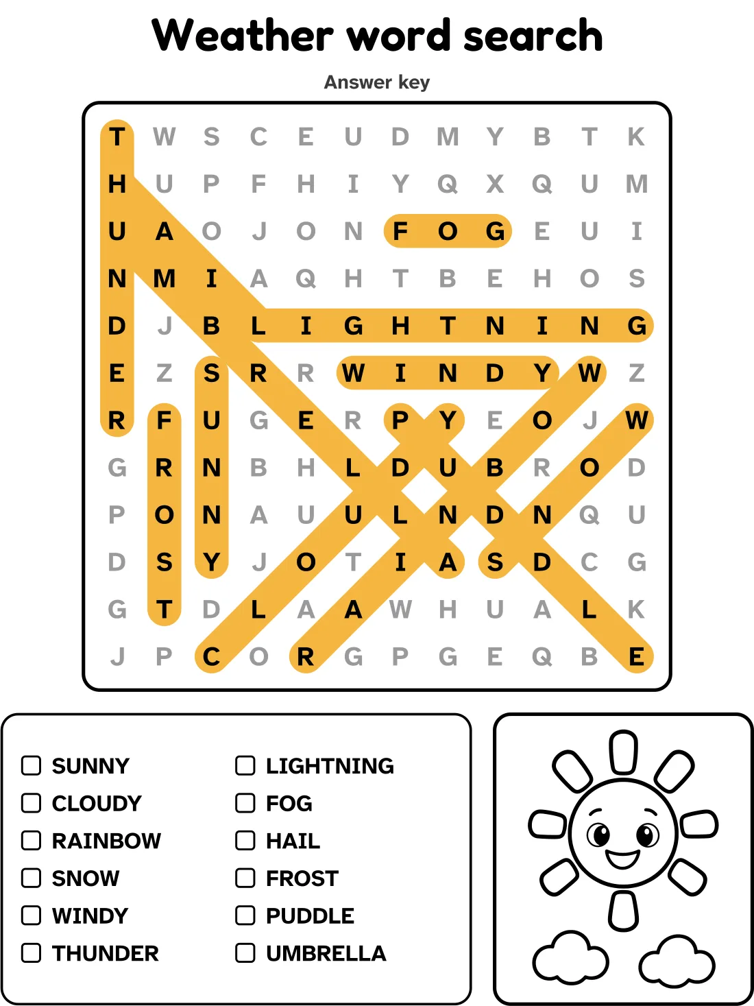 Answer key for the weather word search