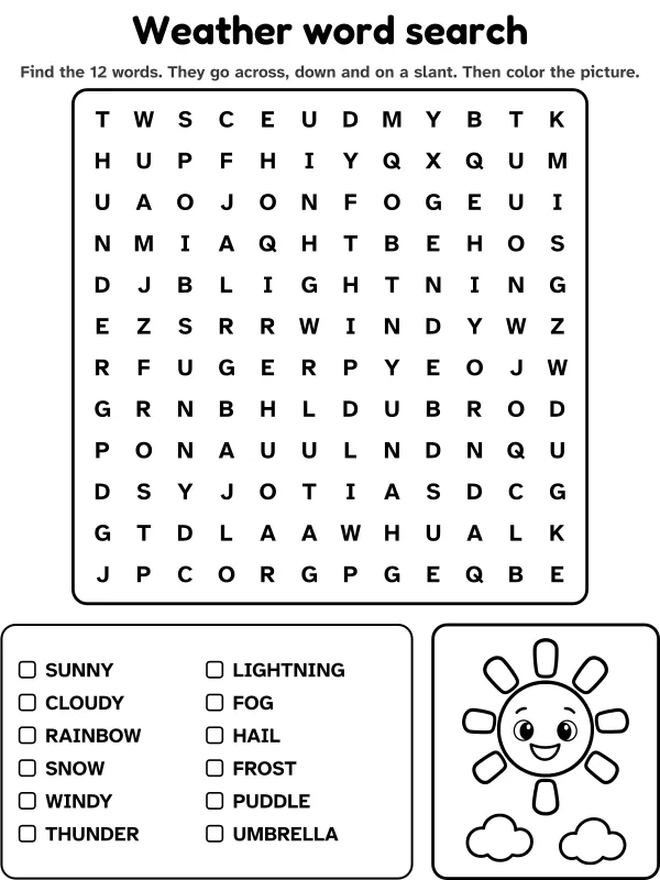 Weather word search with 12 words to find and a picture to color