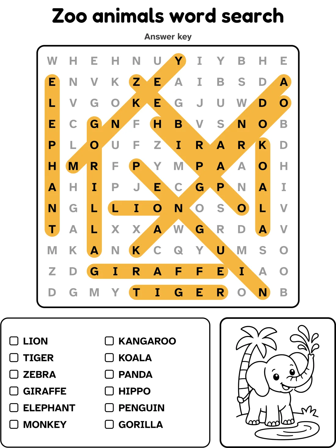 Answer key for the zoo animals word search