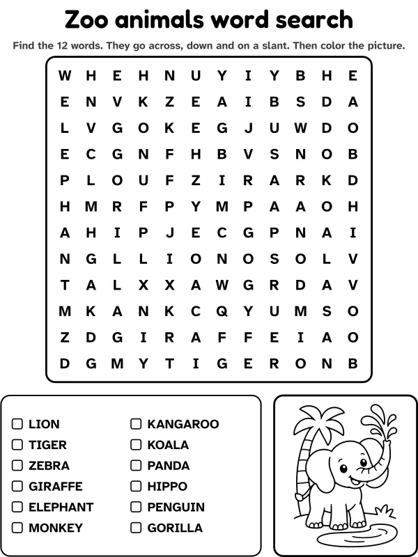 Zoo animals word search with 12 words to find and a picture to color